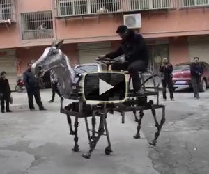 Un uomo cinese ha inventato un cavallo meccanico, e lo cavalca!