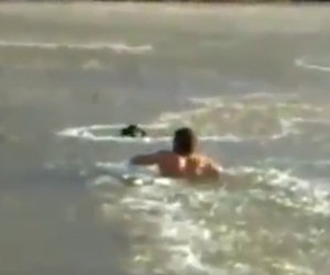Uomo si tuffa nel fiume ghiacciato per salvare il suo cane