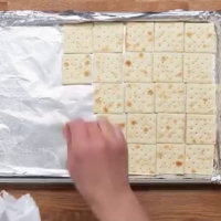 Mette i crakers su una teglia per preparare un dolce davvero strano