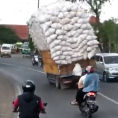 Un camion trasporta un grosso carico e sfida la forza di gravità