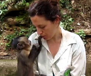Scimmia condivide cibo con una donna